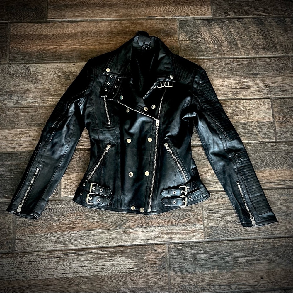 Black leather motorcycle style jacket lightweight S